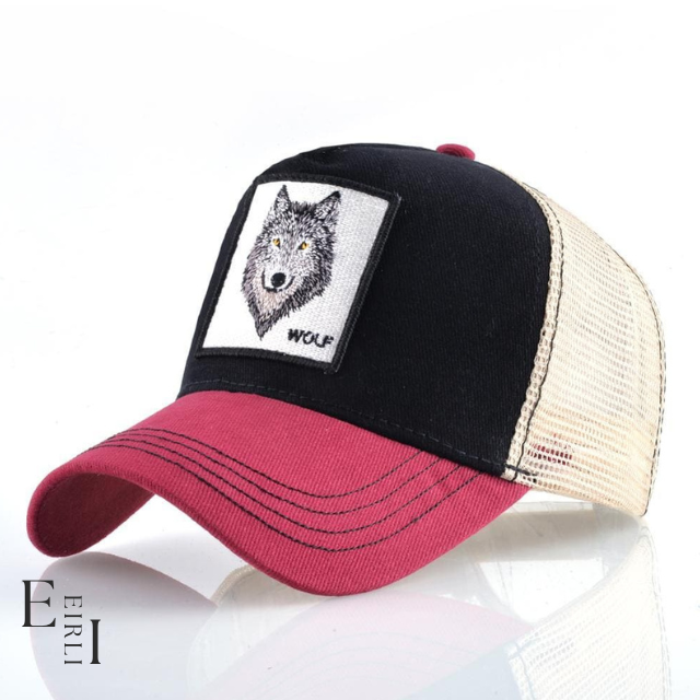 <img src="trucker-hats-unisex.jpg  alt=" Wolf Embroidered unisex trucker hats, black-red, official website www.eirlistore.com">