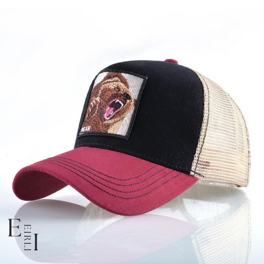 <img src="trucker-hats-unisex.jpg  alt=" Bear Embroidered unisex trucker hats, black-red, official website www.eirlistore.com">