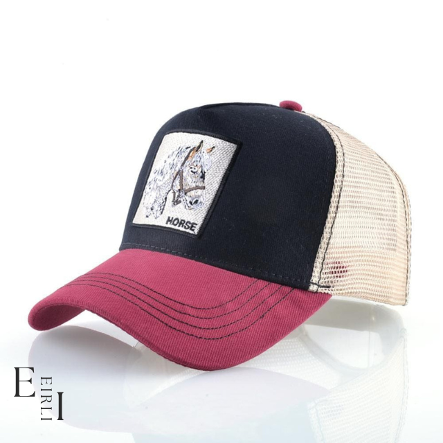 <img src="trucker-hats-unisex.jpg  alt=" Horse Embroidered unisex trucker hats, black-red, official website www.eirlistore.com">